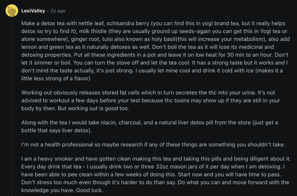 reddit user talks about experience with detox tea and drug tests